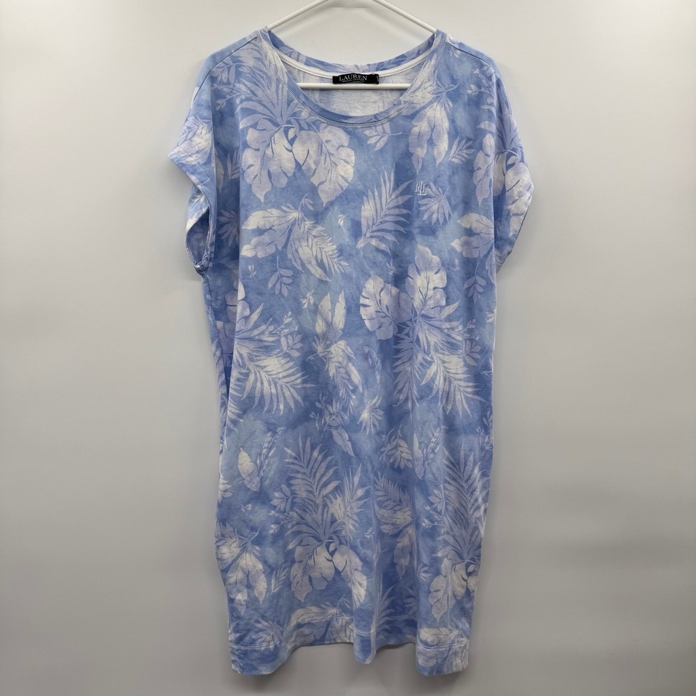 Ralph Lauren Light Blue Tropical Floral V-Neck Knit Cotton Blend Pocket Dress XL